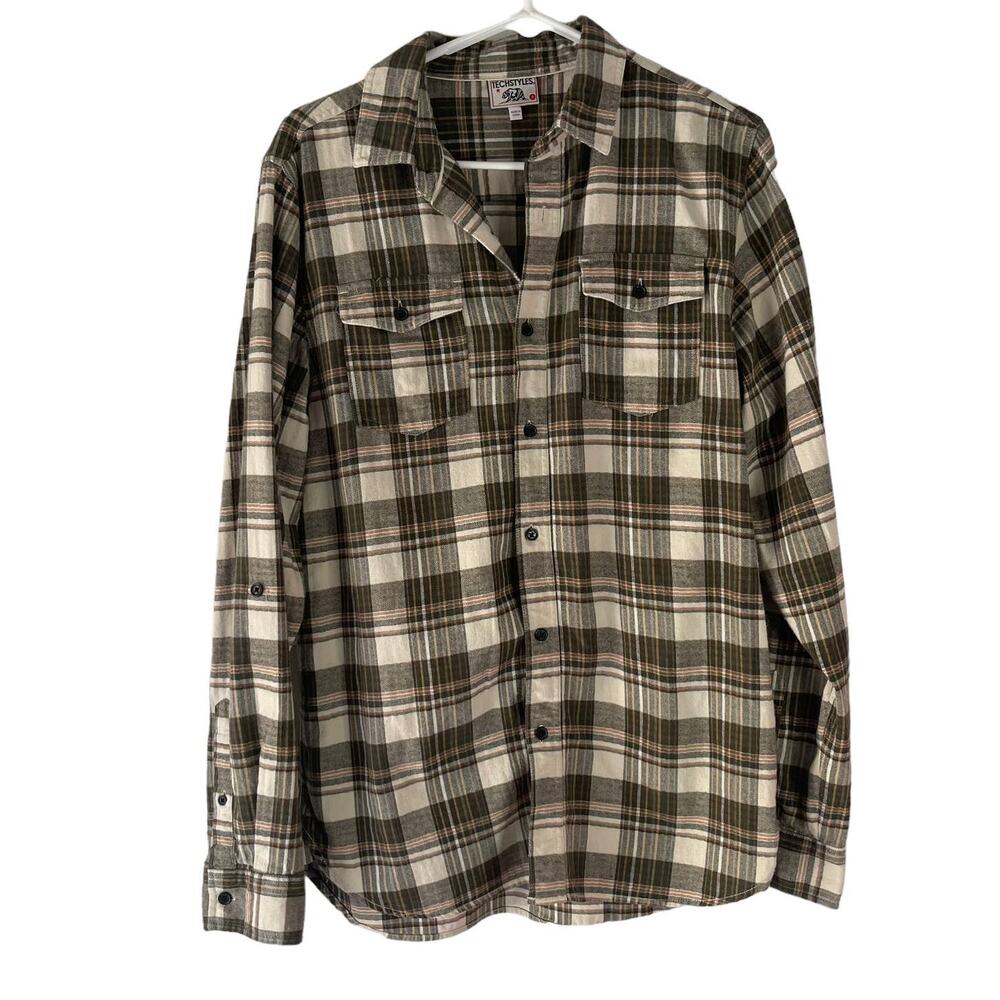 Techstyles Men Size Small Green Cream Plaid Button‎ Up Shirt